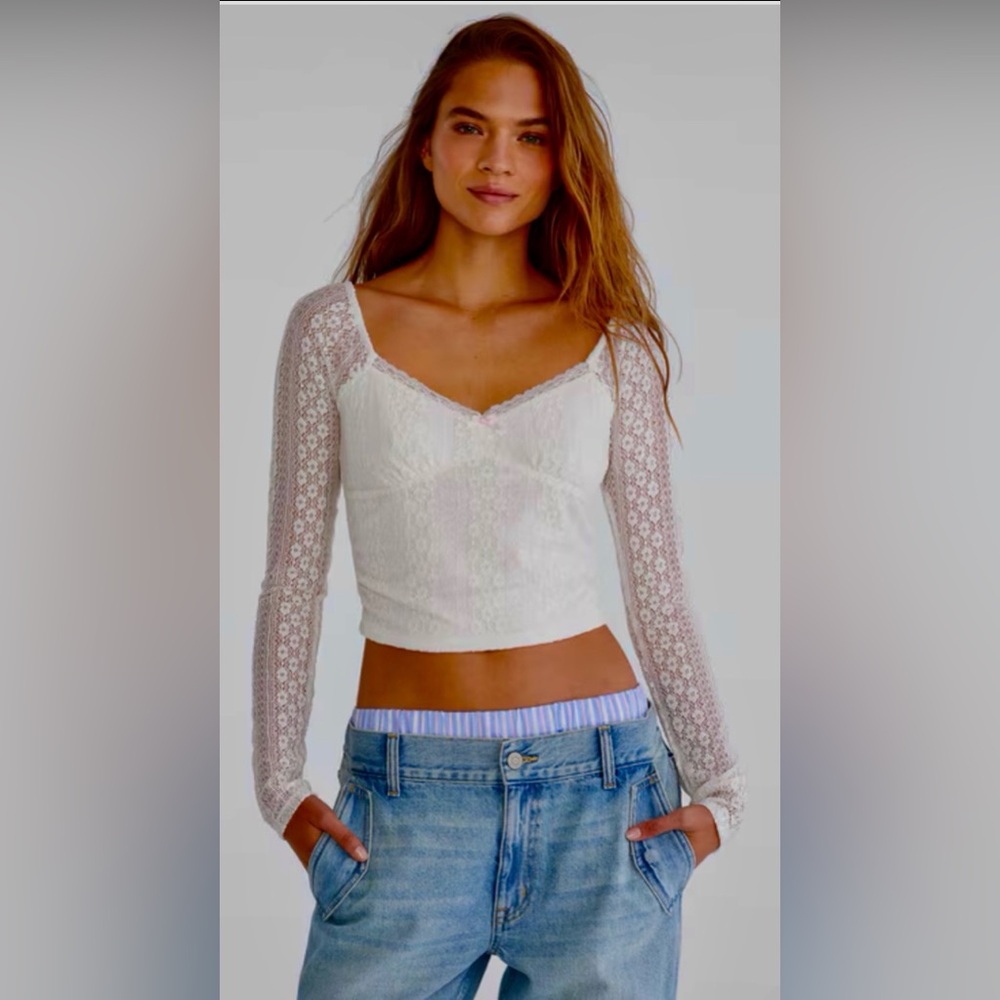 “Sheer Trouble” Long Sleeve Crop Top in Sweet Ivory Lace Screams Attitude.. MED